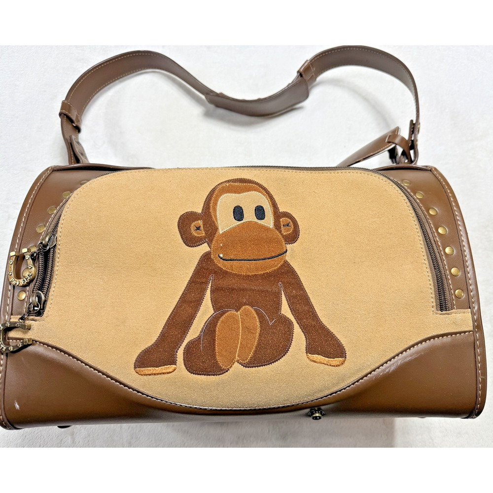 Paul Frank Julius Monkey Pet Carrier Bag Tote Brown Canvas Leopard Print Liner